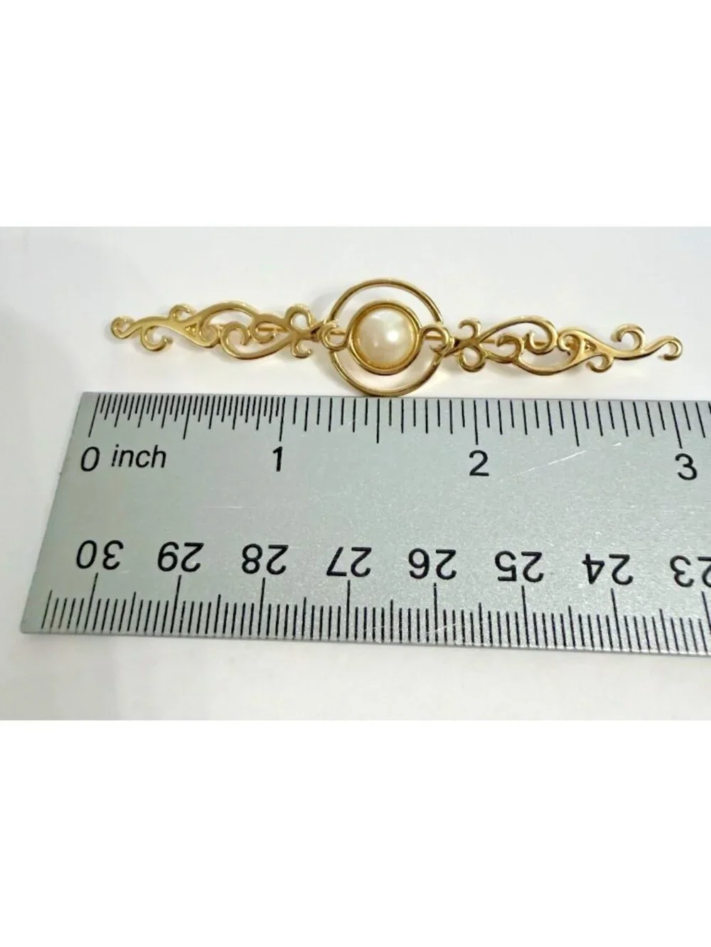 Vintage Monet Scrollwork Brooch Bar Pin Ornate Curls Gold Tone Faux Pearl Signed